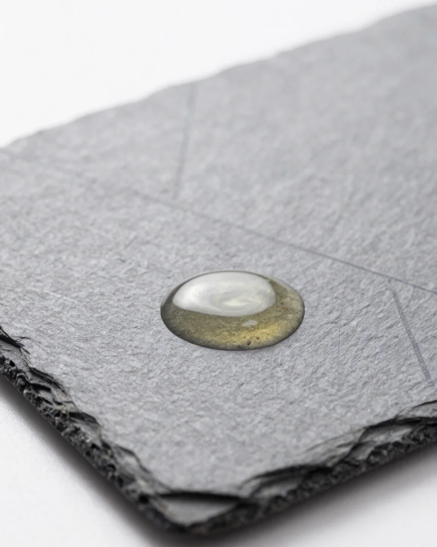 Close-up of pure oil drops on a pristine lab slate with subtle ge