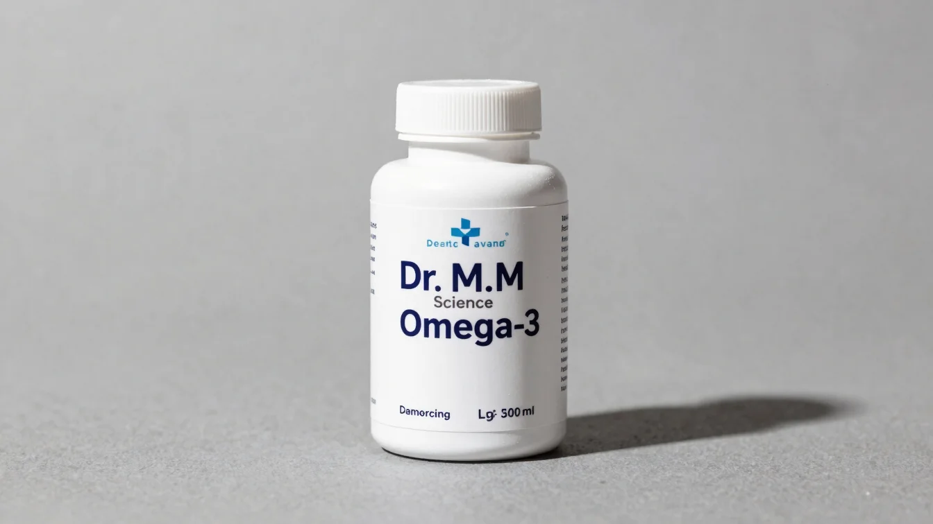 Dr. M.M Science Omega-3 supplement bottle, clean studio shot on a