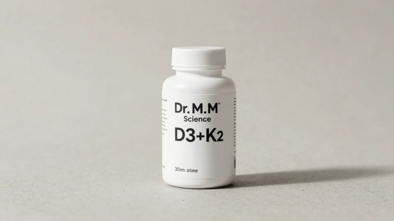 Dr. M.M Science D3+K2 supplement bottle, clean studio shot on a n