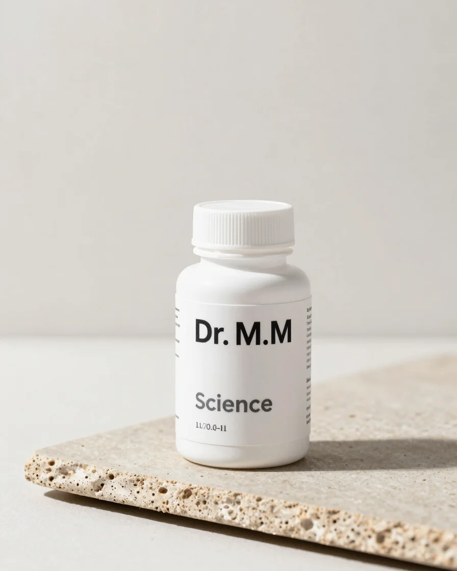 Minimal Dr. M.M Science supplement bottle on a neutral slate, pristine lab setting, bright diffused daylight, crisp macr
