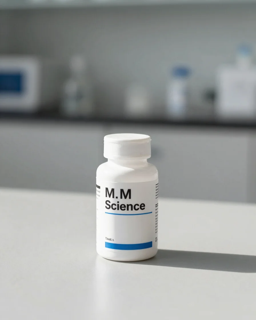 Clean, sterile laboratory setting with subtle geometric lines and a single, pristine Dr. M.M Science supplement bottle o
