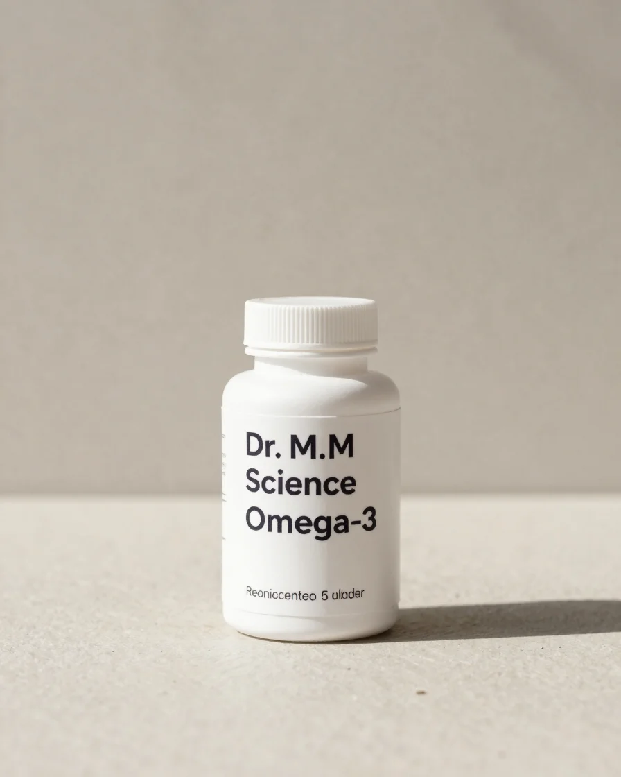 Minimalist studio shot of Dr. M.M Science Omega-3 supplement bott